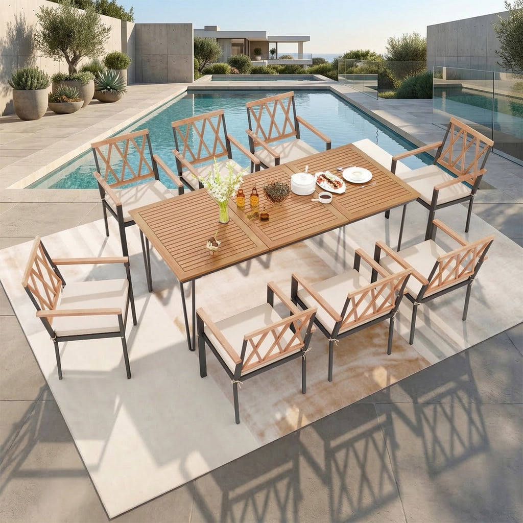Biotree 9-Piece Patio Dining Set Acacia Table and Armchairs