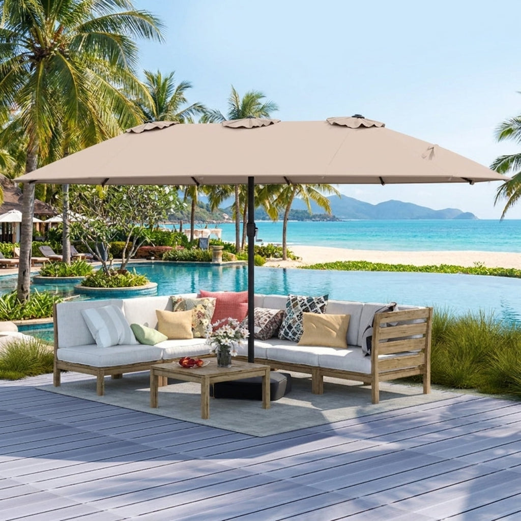 Biotree 15 ft Double-Sided Twin Patio Umbrella Crank Tilt Outdoor Shade - Brown - UV Protection with Cross Base