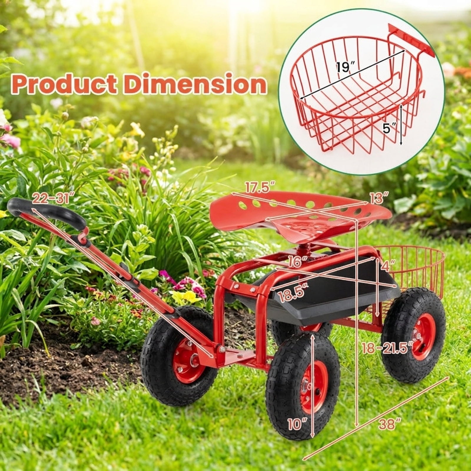 Biotree Heavy Duty Garden Cart with Tool Tray and 360 Swivel Seat for Garden Yard Lawn Work Outdoor, Red