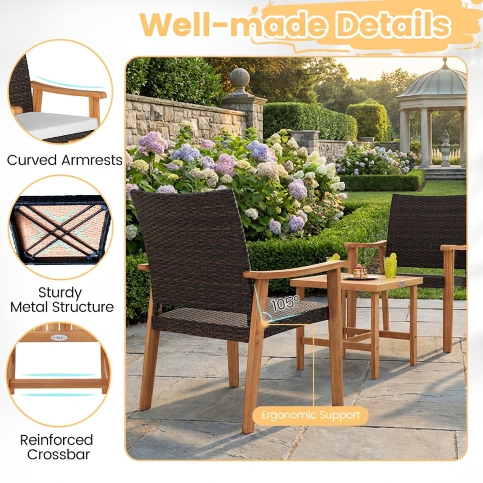Biotree 3 Pieces Patio PE Wicker Furniture Set Acacia Wood Outdoor Conversation Bistro Set Outdoor Conversation Set for Garden Backyard PorchWhite
