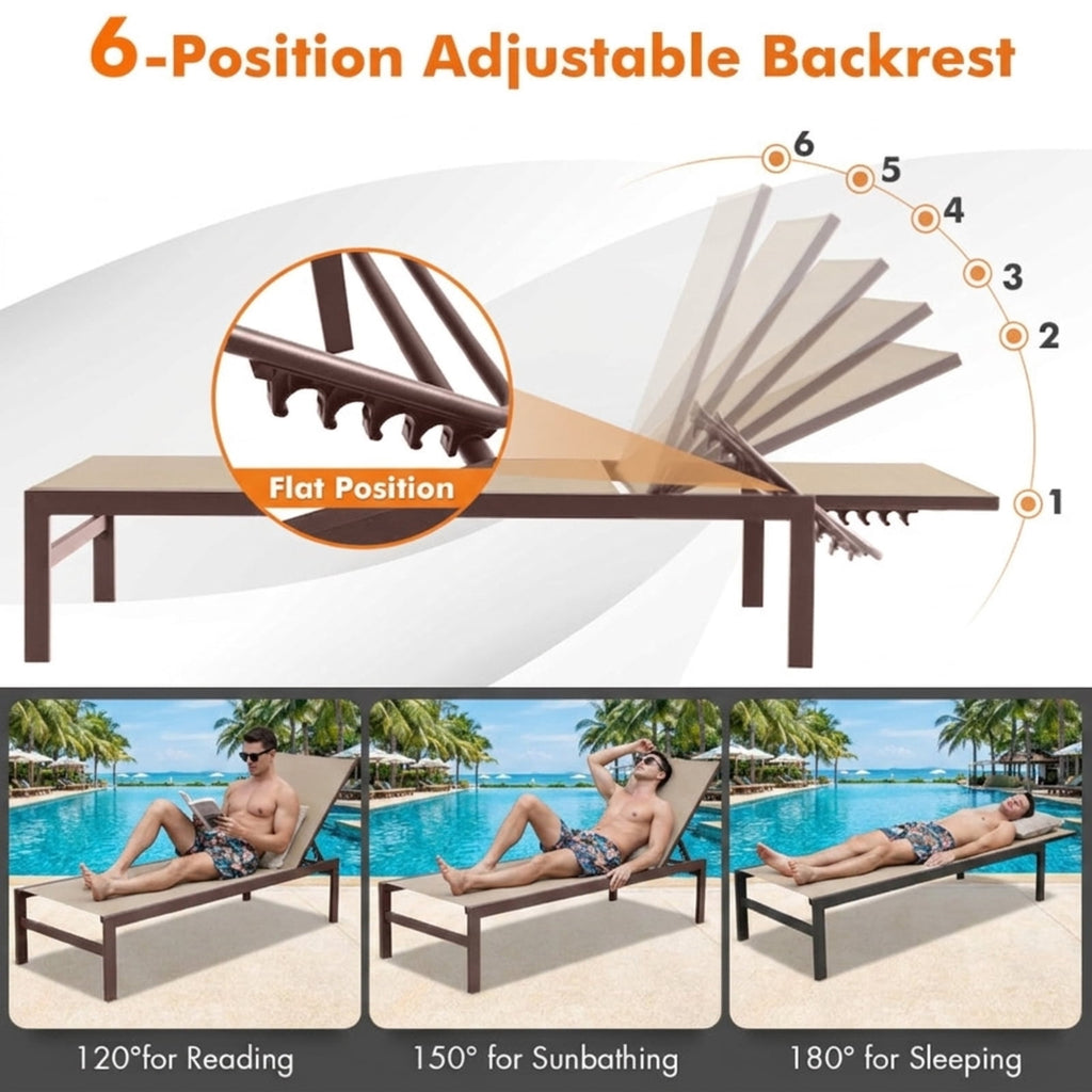 Biotree 6-Position Chaise Lounge Chairs with Rustproof Aluminium Frame Stackable Patio Chair for Garden BackyardBrown