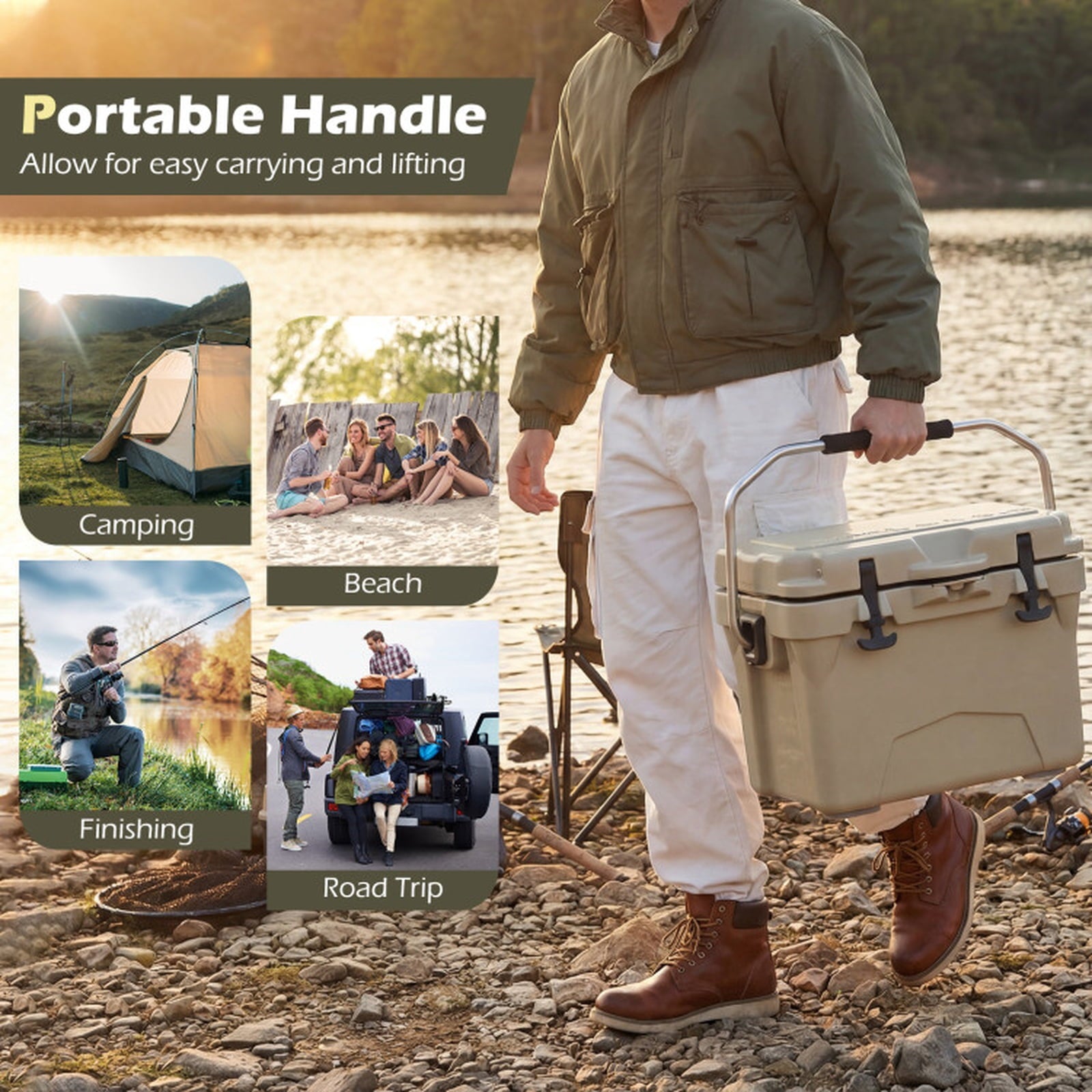 Biotree 20 Quart Portable Hard Cooler with 6-Day Ice Retention and 2 Cup Holders, Khaki