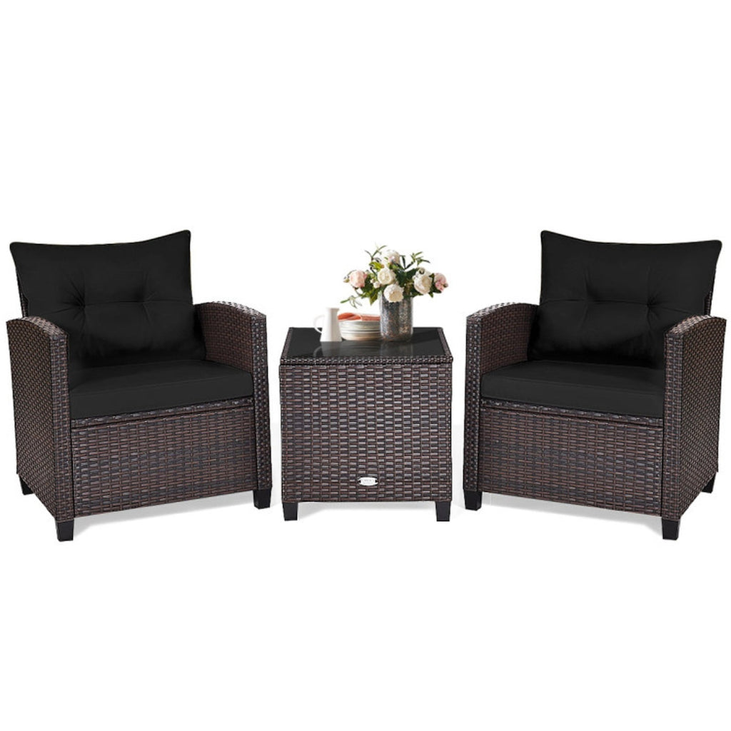 Biotree 3 Pcs Patio Rattan Furniture Set Cushioned Conversation Set Coffee Table Outdoor Conversation Set for Garden Backyard PorchBlack