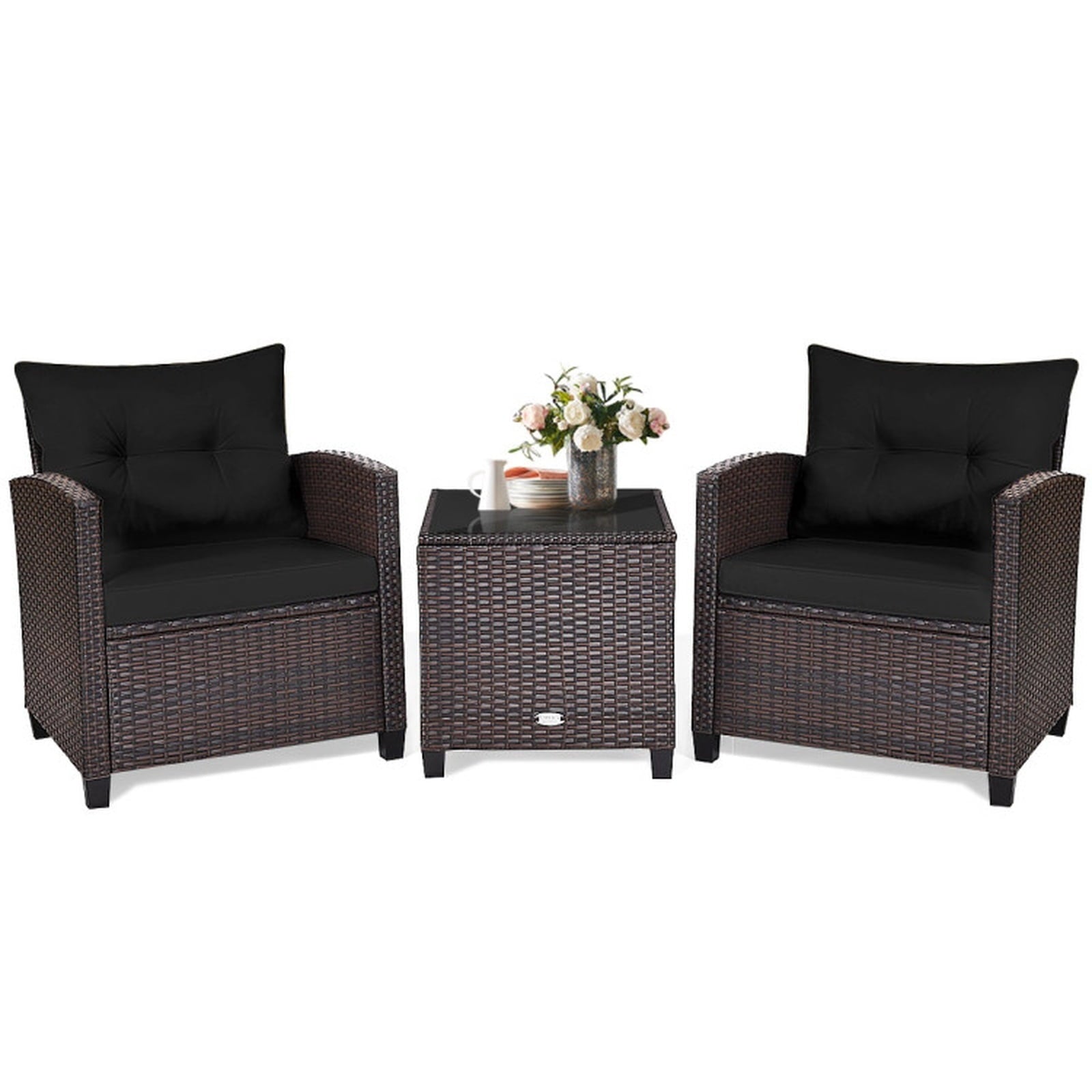 Biotree 3 Pcs Patio Rattan Furniture Set Cushioned Conversation Set Coffee Table Outdoor Conversation Set for Garden Backyard PorchBlack