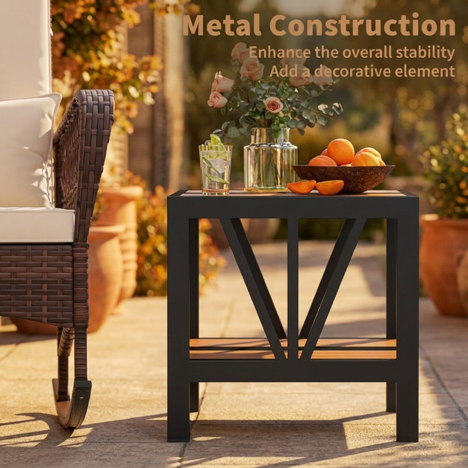 Biotree Outdoor Side Table with Umbrella Hole and Storage Shelf for Porch, Black