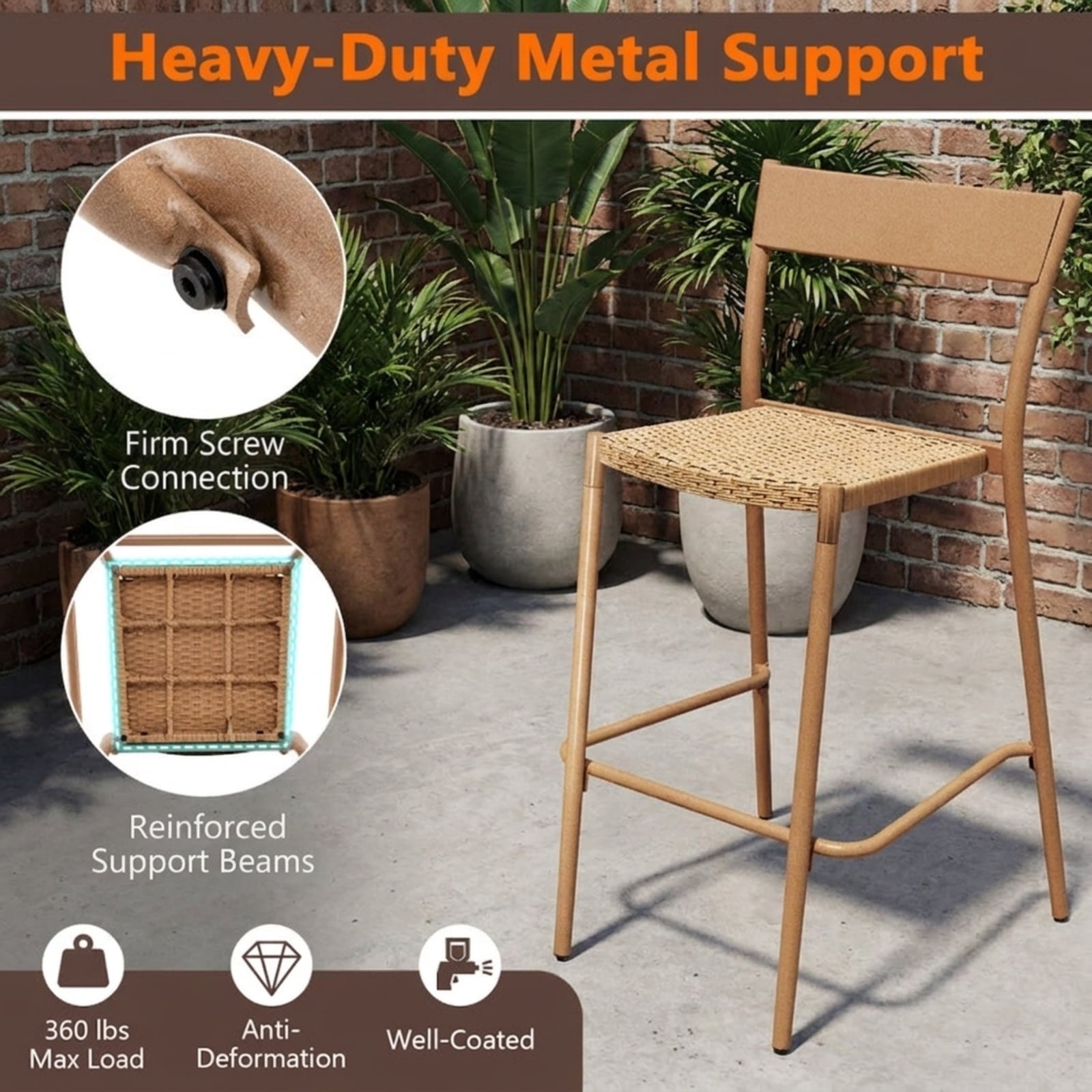 Biotree Patio Barstools Set of 4 with Rattan Seat and Metal Backrest Stackable Patio Chair for Garden BackyardLight Brown