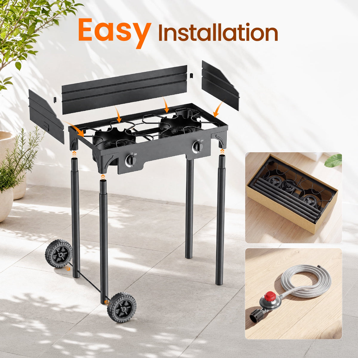 Biotree 2 Burner Outdoor Propane Gas Stove with 2 Wheels Wind Panel, 15,0000 BTU Camping Stove with Adjustable PSI Regulator and 4ft Hose With Removable Legs for Cooking BBQ Home