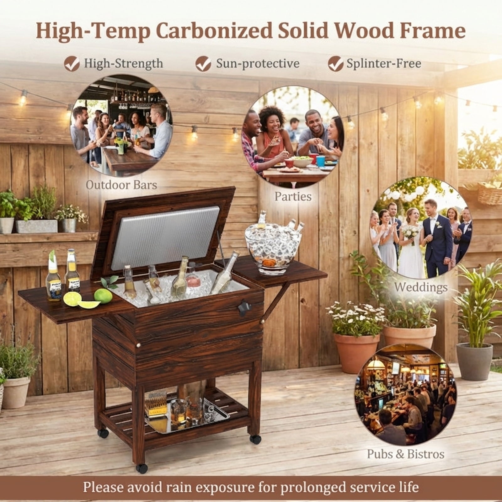 Biotree 54 Quart Wooden Cooler Cart for Patio with Shelves Rolling Ice Chest with Drain Plug Outdoor Cooler Cart, Brown