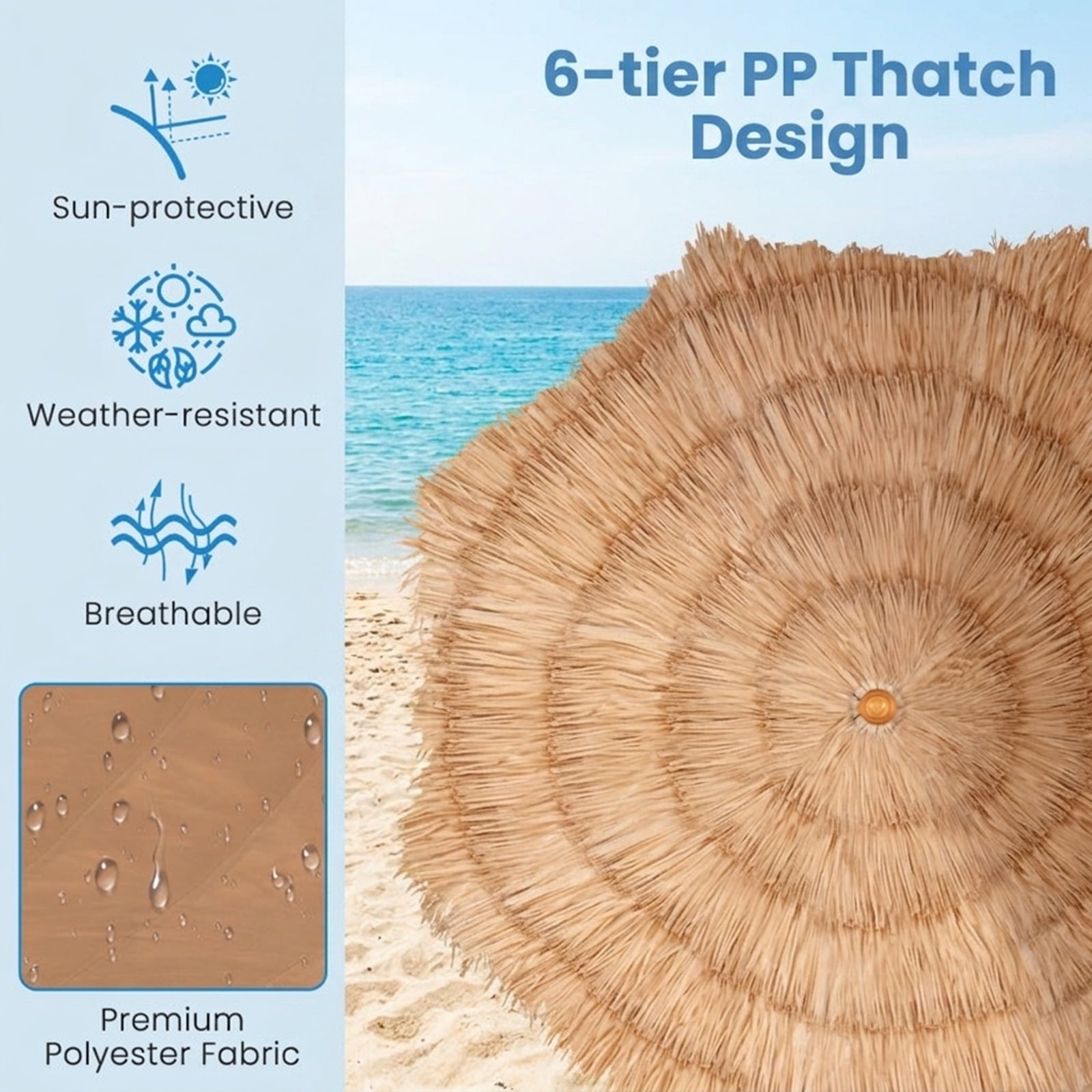 Biotree 6 ft Thatched Tiki Patio Umbrella Crank Tilt Outdoor Shade - Natural - UV Protection with Cross Base