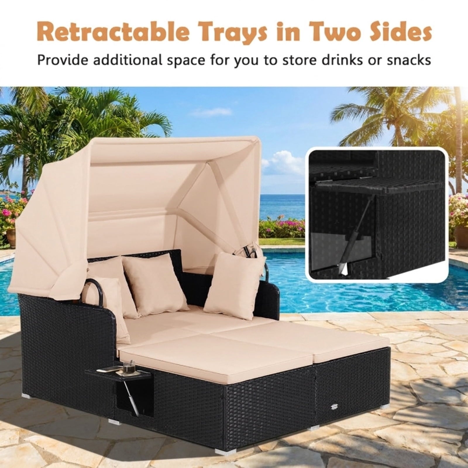 Biotree Patio Rattan Daybed with Retractable Canopy and Side Tables Outdoor Conversation Set for Garden Backyard PorchBeige
