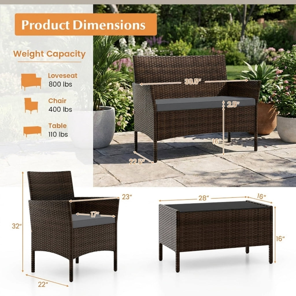 Biotree 4 Piece Patio Rattan Conversation Set with Cozy Seat Cushions Outdoor Conversation Set for Garden Backyard PorchGray