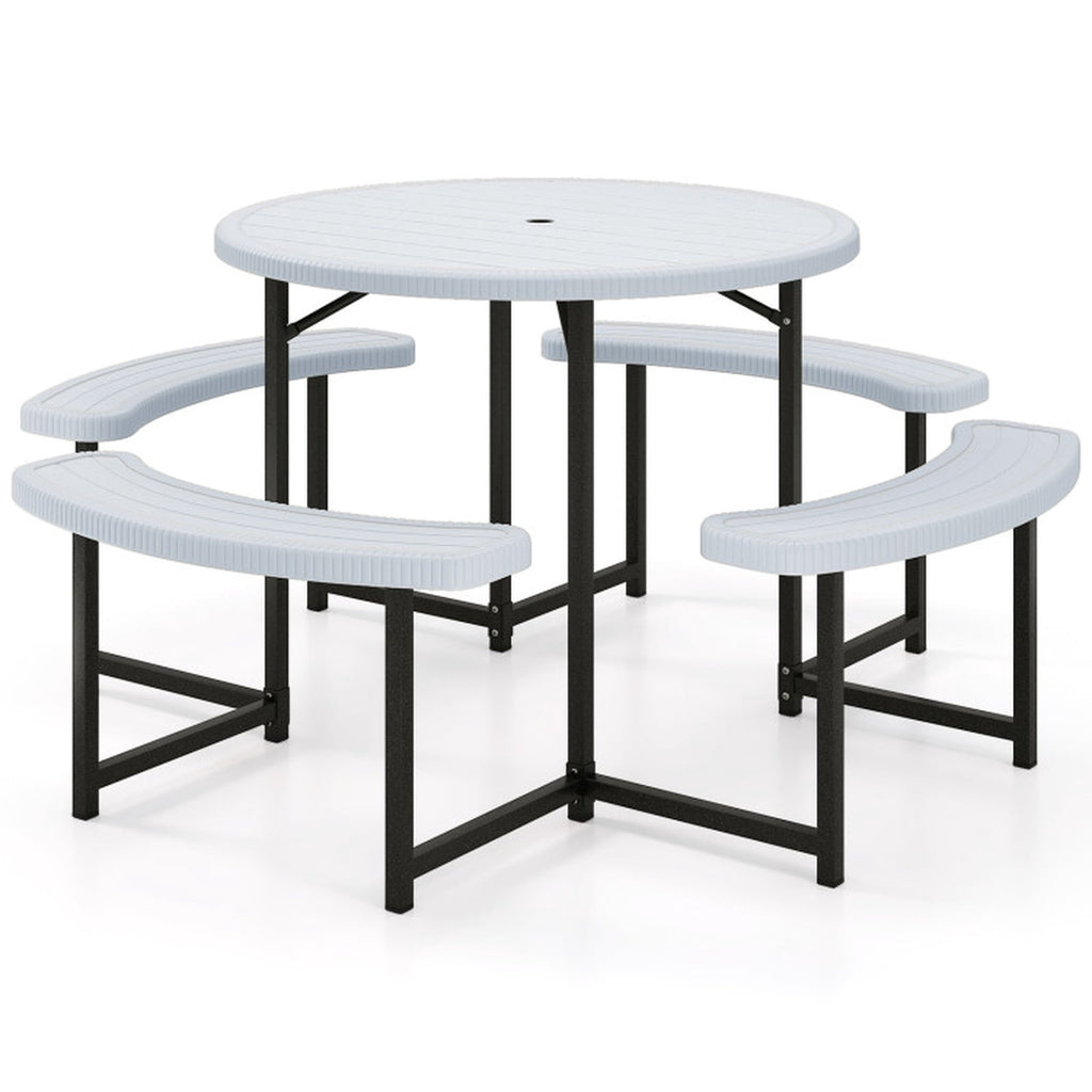 Biotree 62-Inch Round Picnic Table Bench Set with 4 Benches and Umbrella Hole for Patio Lawn, White