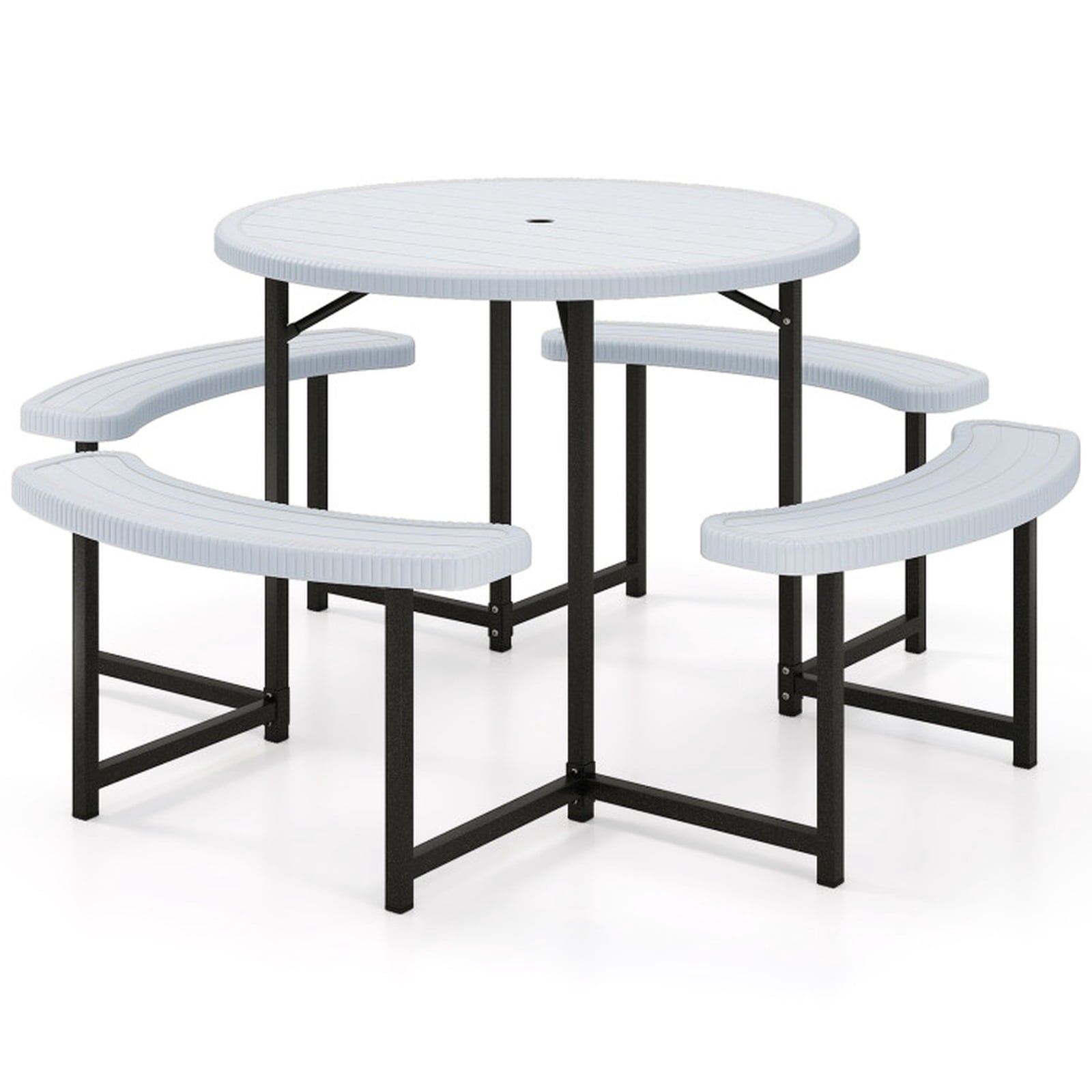 Biotree 62-Inch Round Picnic Table Bench Set with 4 Benches and Umbrella Hole for Patio Lawn, White