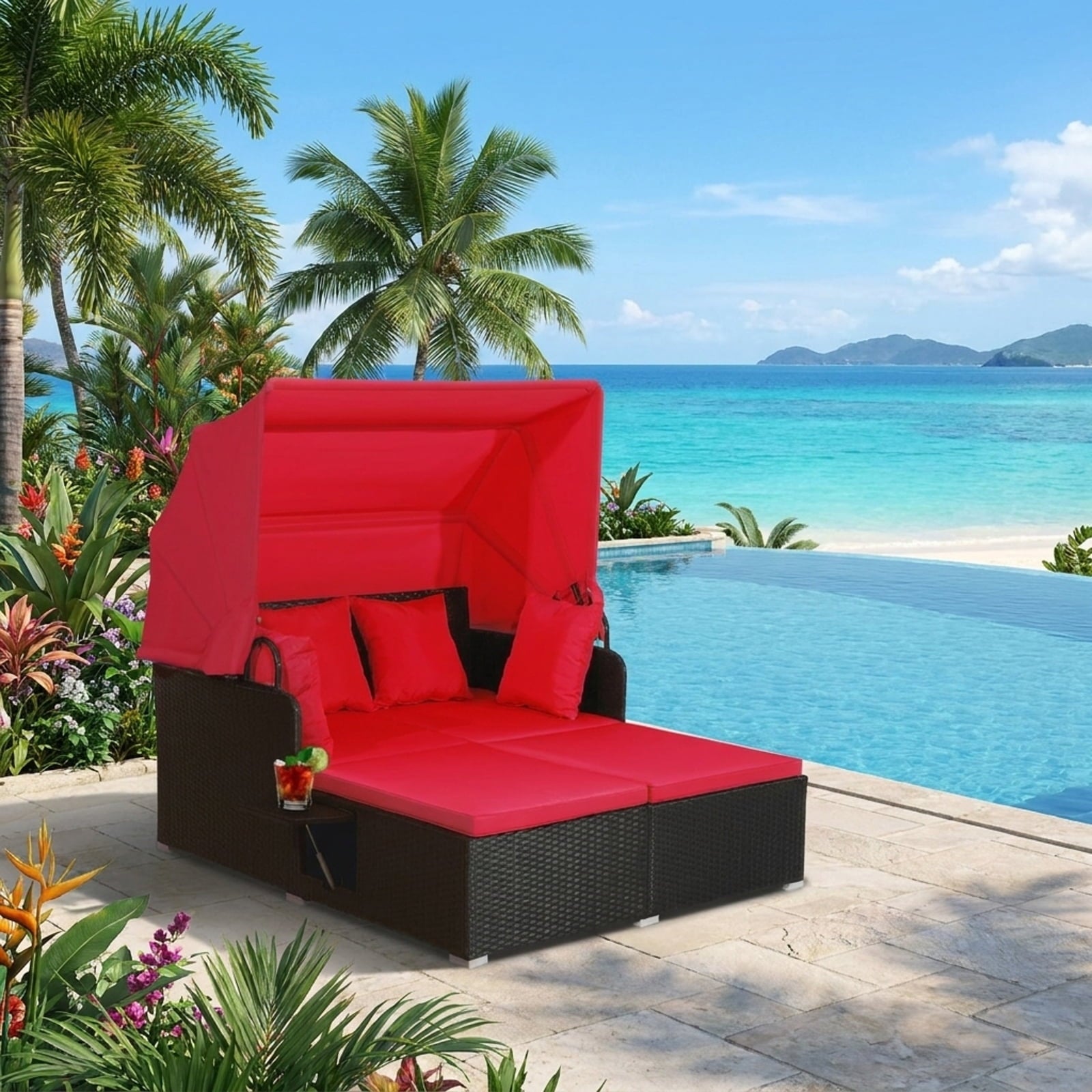 Biotree Patio Rattan Daybed with Retractable Canopy and Side Tables Outdoor Conversation Set for Garden Backyard PorchRed
