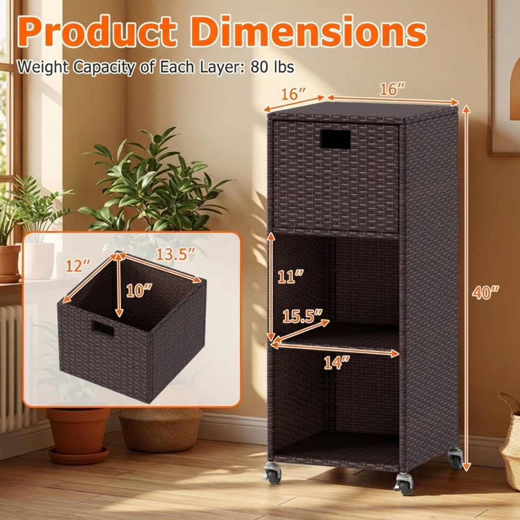 Biotree Outdoor Storage Cabinet with Drawer and 3 Shelves, PE Rattan Tall Deck Cabinet Patio Garden Console for Backyard Porch Deck Poolside, Mix Brown
