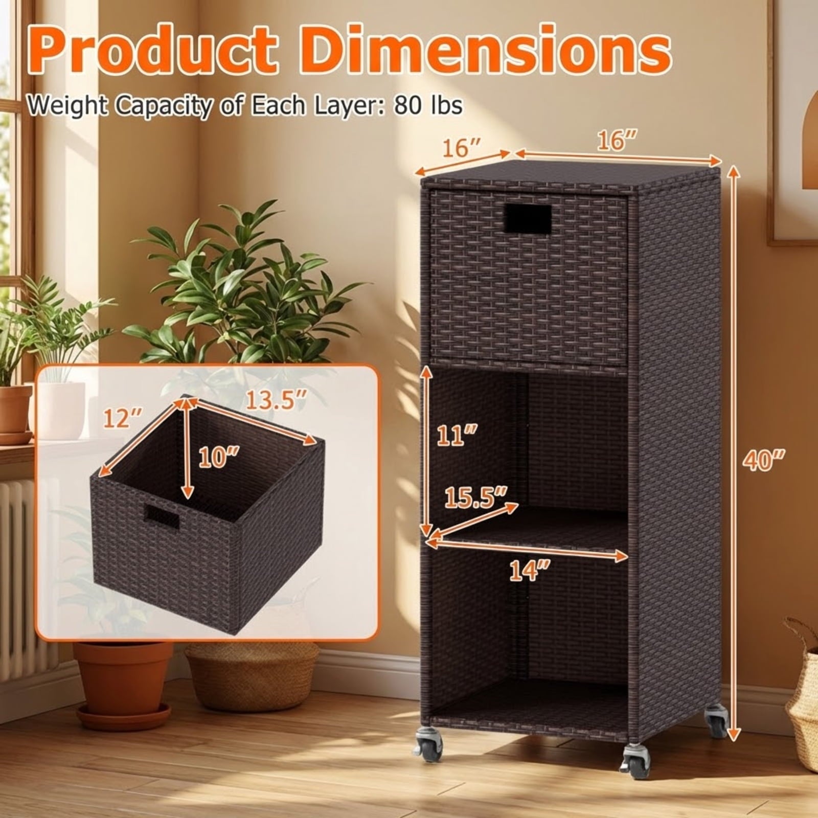 Biotree Outdoor Storage Cabinet with Drawer and 3 Shelves, PE Rattan Tall Deck Cabinet Patio Garden Console for Backyard Porch Deck Poolside, Mix Brown