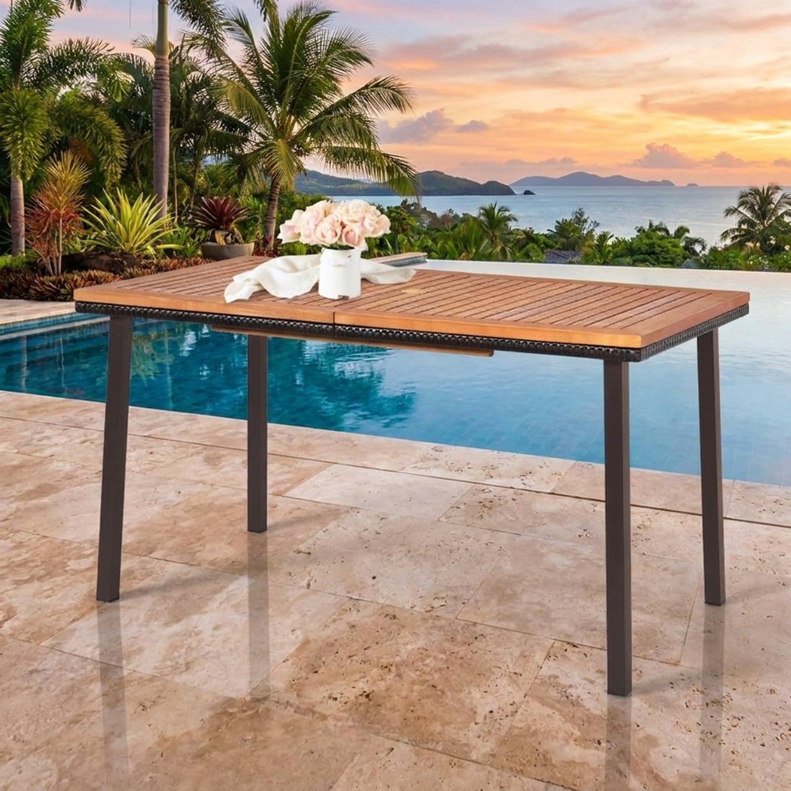 Biotree 55 Inch Patio Acacia Dining Table with Umbrella Hole, Black