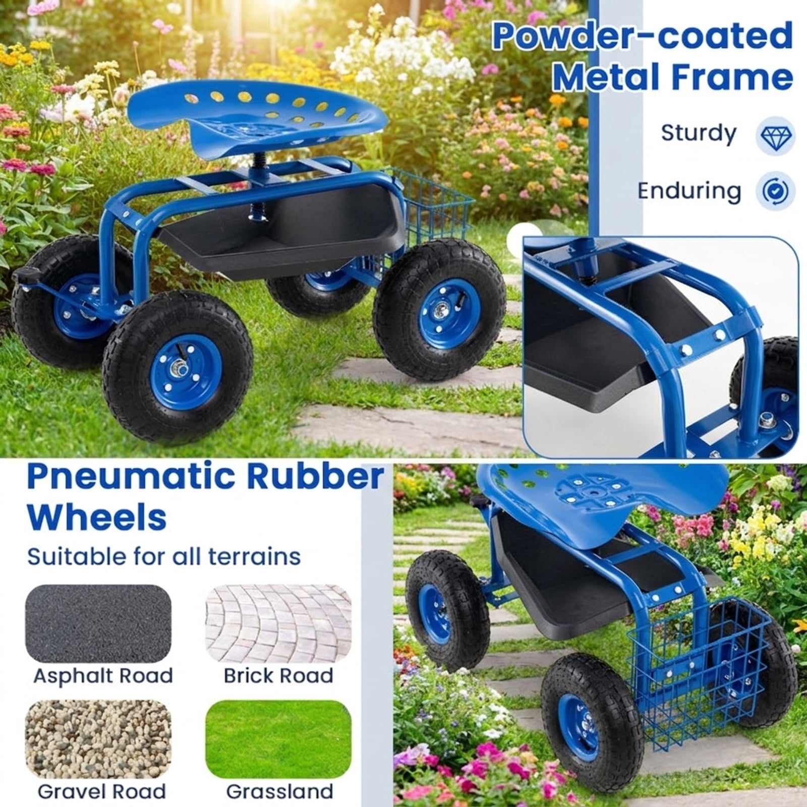 Biotree 4-Wheel Rolling Garden Cart Work Seat for Garden Yard Lawn Work Outdoor, Blue