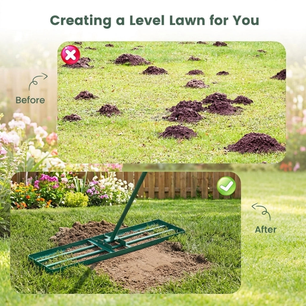 Biotree 42 x 10 Inch Lawn Leveling Rake with Ergonomic Handle for Lawn Garden Yard Soil Care, Green