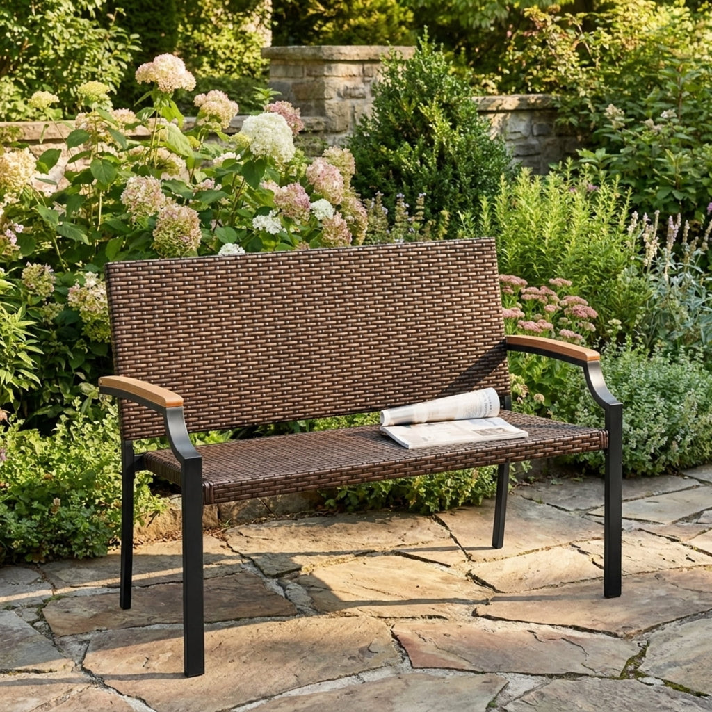 Biotree Patio Wicker Loveseat Chair with Acacia Wood Armrests and Metal Frame Stackable Patio Chair for Garden BackyardMix Brown