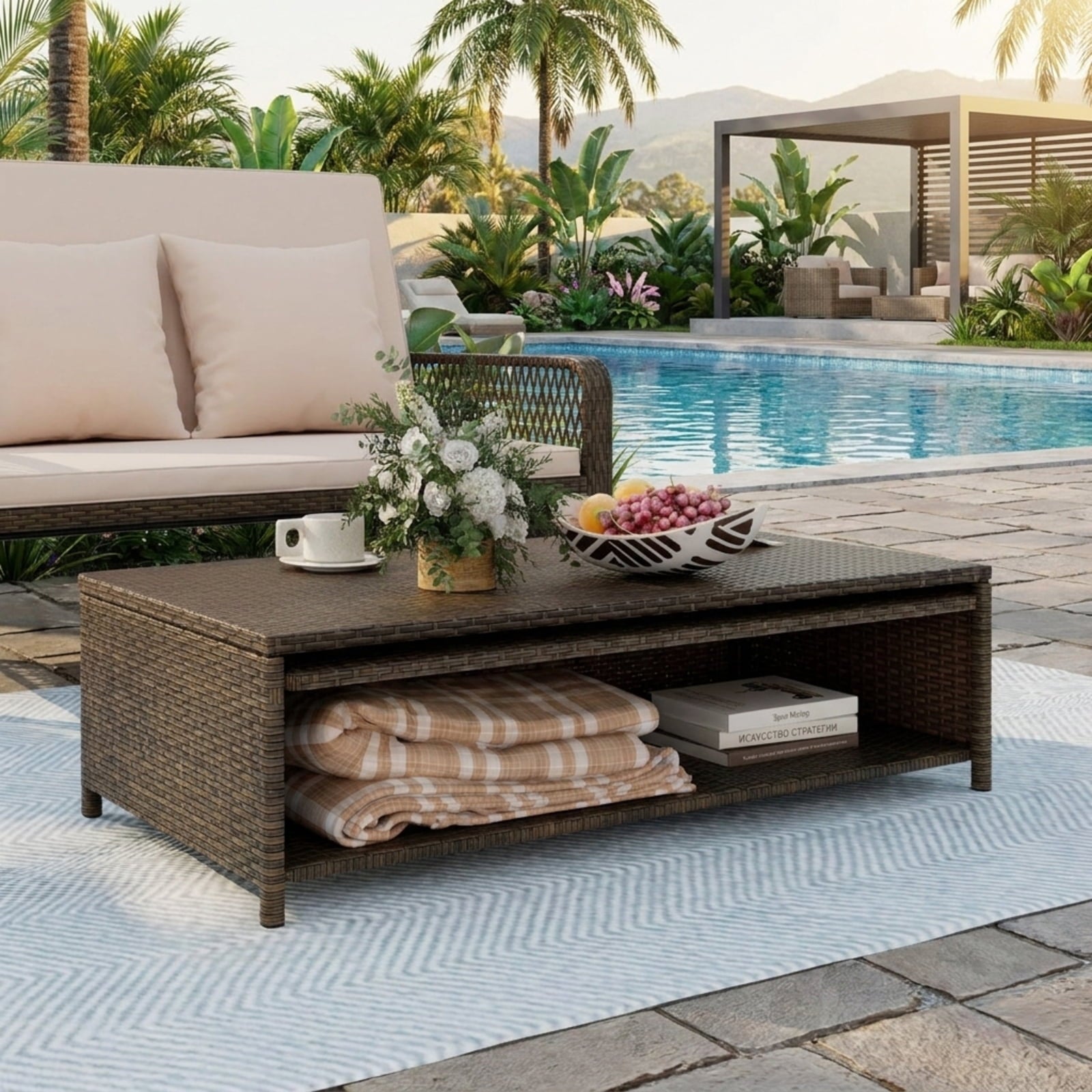 Biotree Patio Adjustable Wicker Daybed with 4-Level Backrest and Soft Cushions Outdoor Conversation Set for Garden Backyard PorchBeige