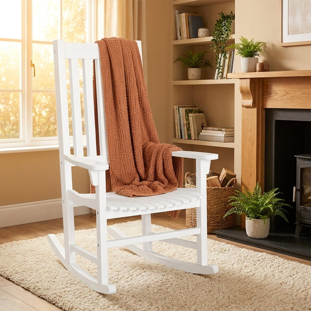 Biotree Indoor Outdoor Wooden High Back Rocking Chair Stackable Patio Chair for Garden BackyardWhite
