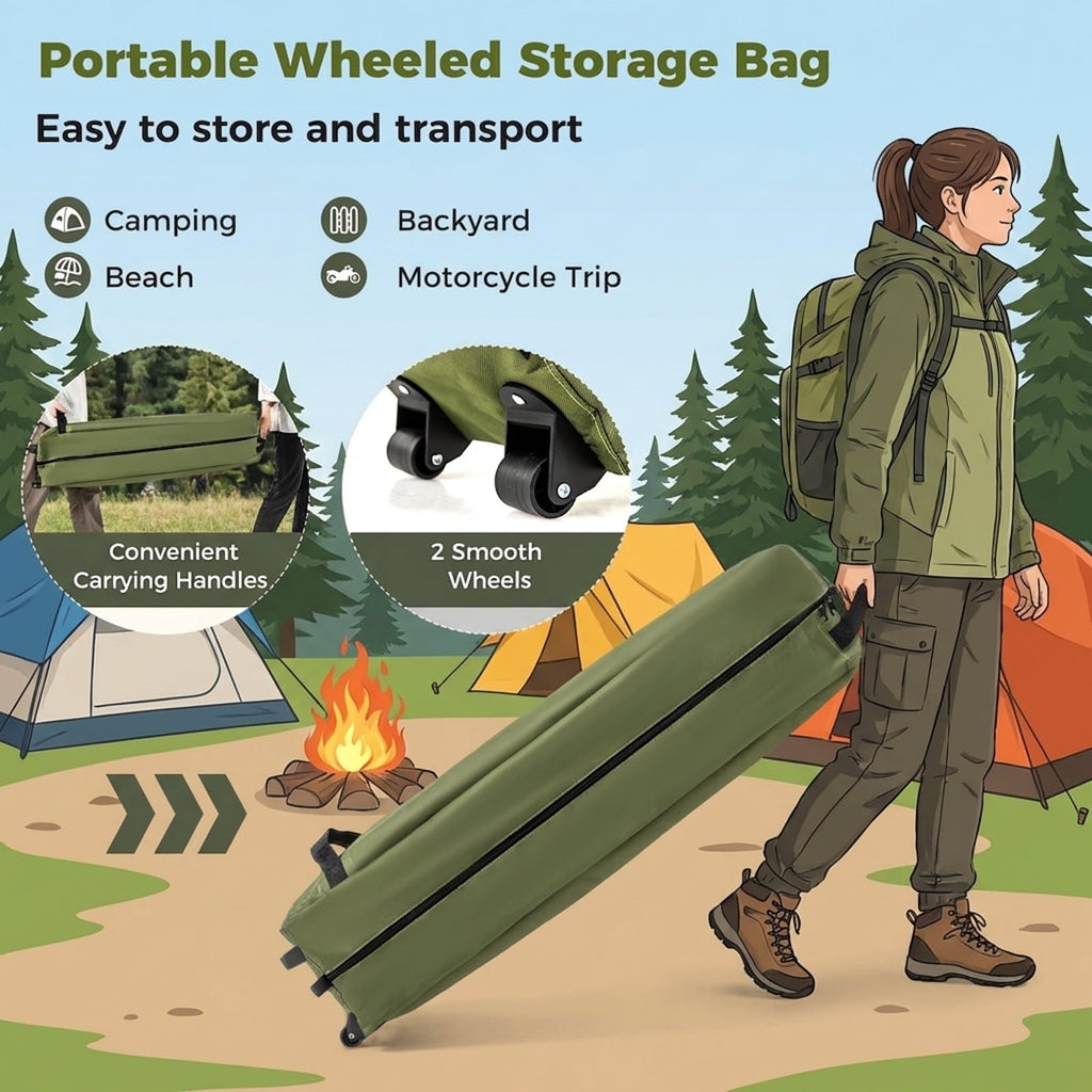 Biotree 2-Person Foldable Off-Ground Camping Cot Tent with Pop Up Shelter and Wheeled Carry Bag, Green