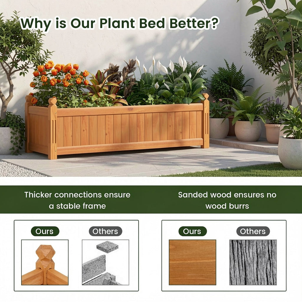 Biotree Wooden Rectangular Garden Bed with Drainage System-Natural Outdoor Vegetables Herbs Flowers Planting