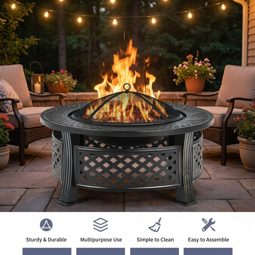 Biotree Outdoor Fire Pit with BBQ Grill and High for Outdoor Patio Backyard Garden Camping, Black