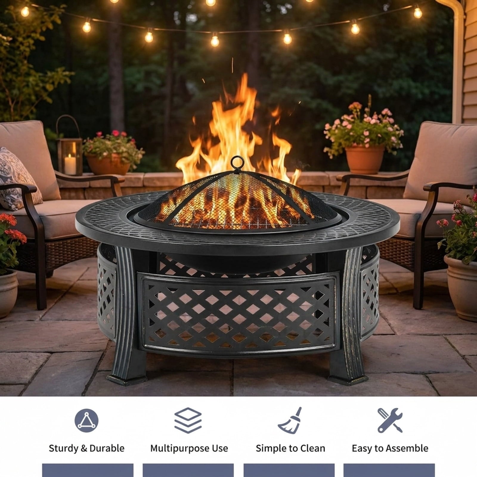 Biotree Outdoor Fire Pit with BBQ Grill and High for Outdoor Patio Backyard Garden Camping, Black