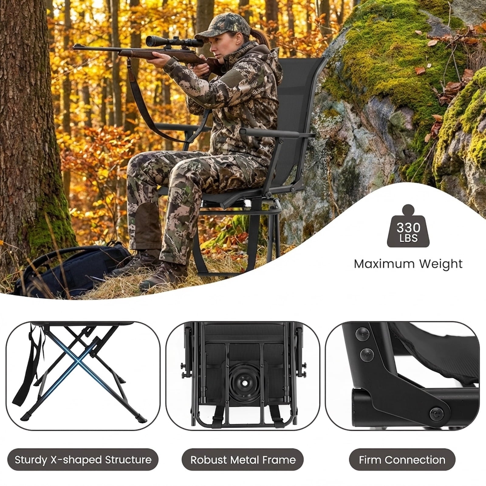 Biotree 360 Degree Swivel Hunting Chair Foldable Outdoor Camp Chair with Armrest and Breathable Mesh Back for Camping Fishing, Black