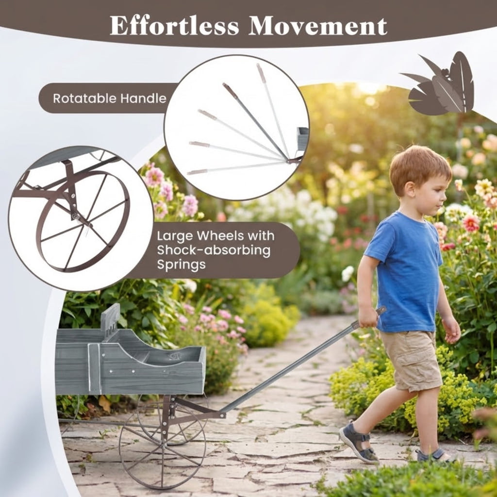 Biotree Wooden Wagon Plant Bed with Metal Wheels for Garden Yard Patio-Gray,Green