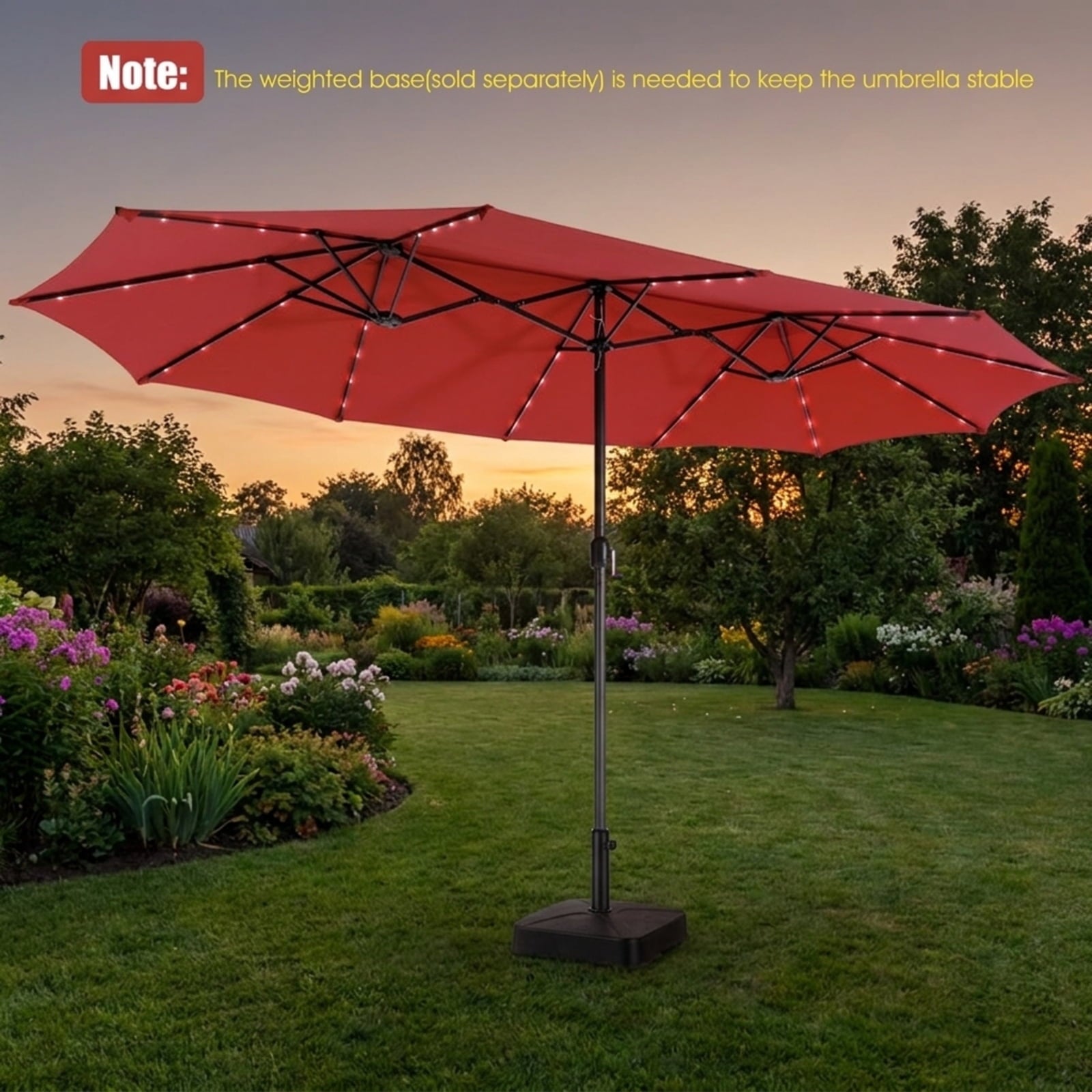 Biotree 15 FT Patio Umbrella, Twin Patio Umbrella with 48 Solar LED Lights for Patio Garden Backyard Pool, Dark Red