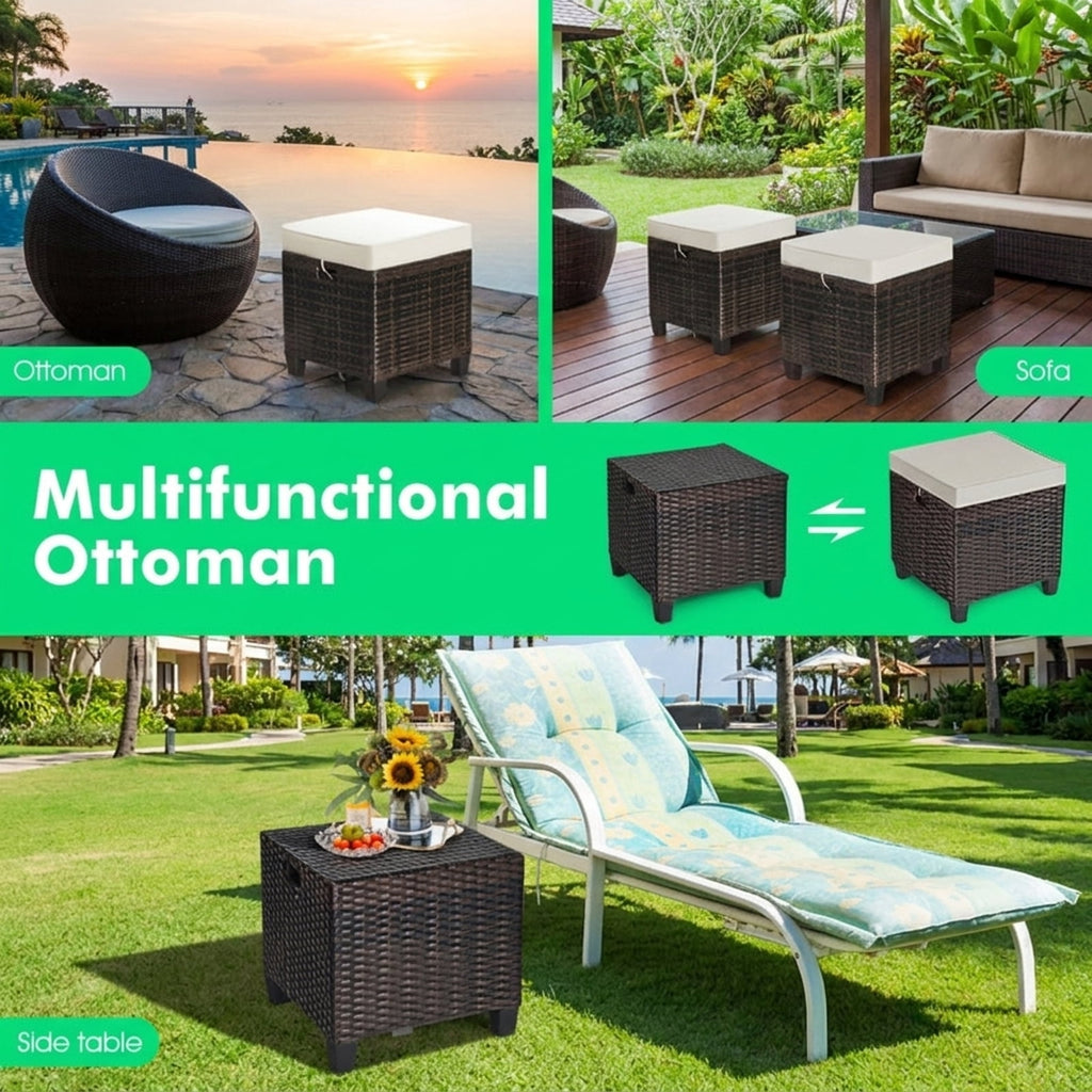 Biotree 2 Pieces Patio Rattan Ottoman Set with Removable Cushions Stackable Patio Chair for Garden BackyardBeige