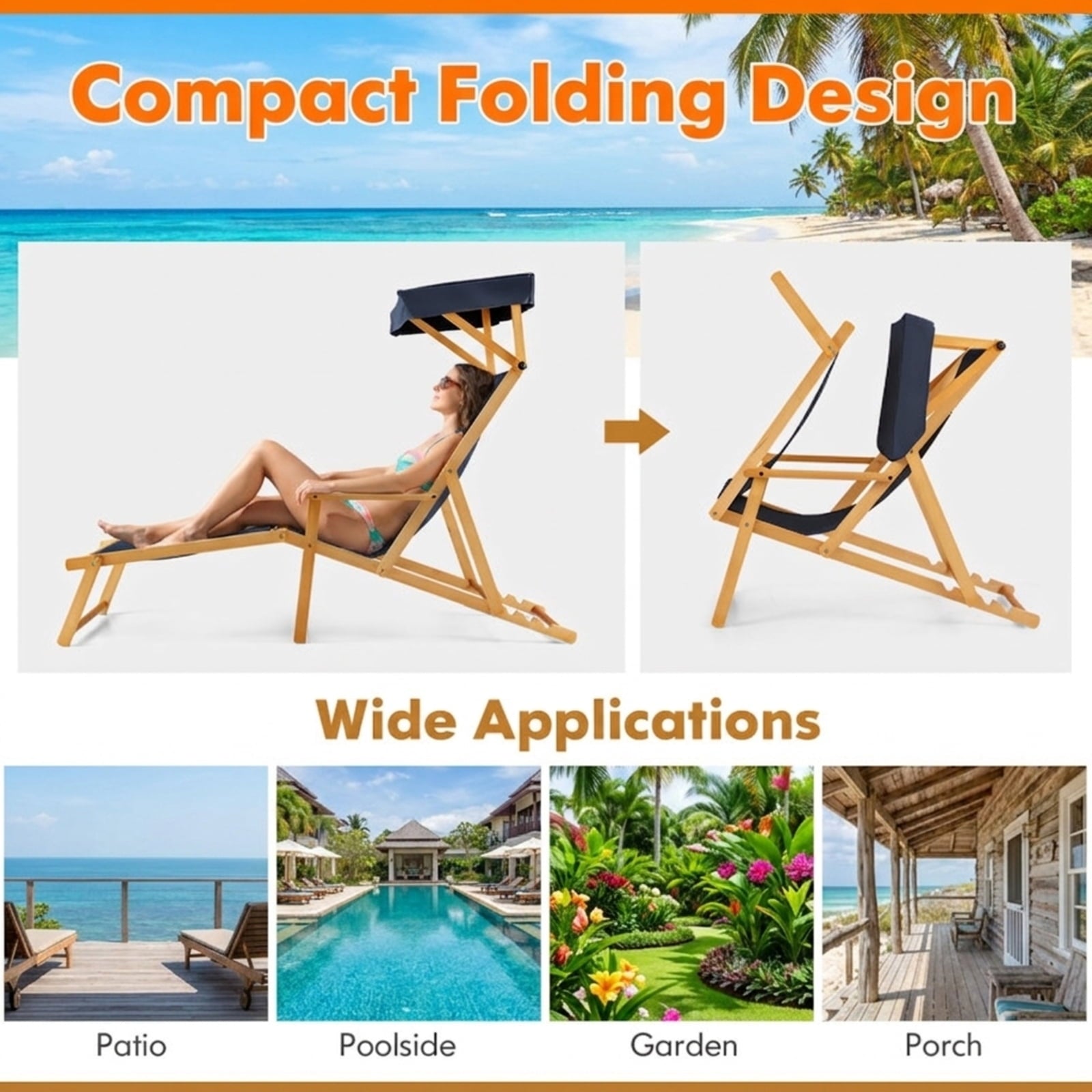Biotree Birch Wood Chaise Lounge Chair Foldable Beach Chair with Adjustable Canopy Stackable Patio Chair for Garden BackyardNavy