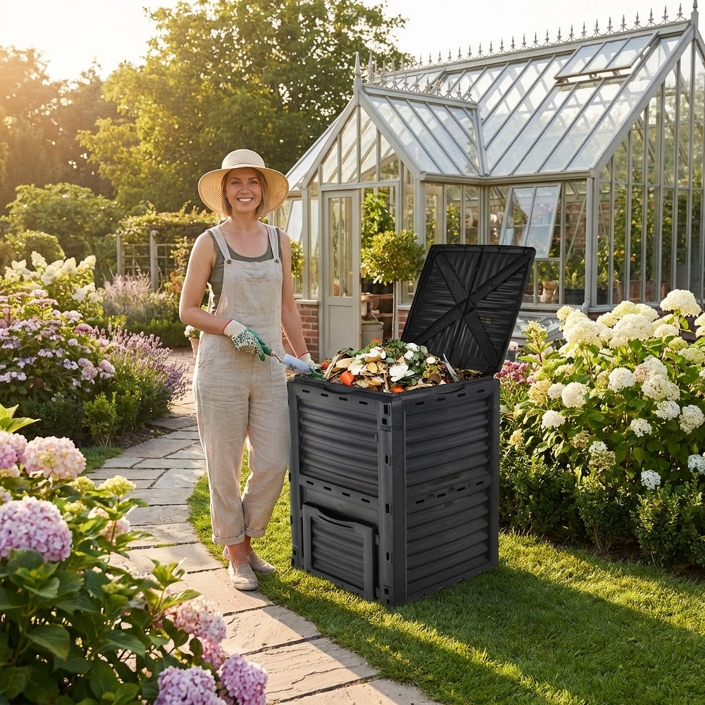 Biotree 80-Gallon Outdoor Composter with Large Openable Lid and Bottom Exit Door-Black Garden Organic