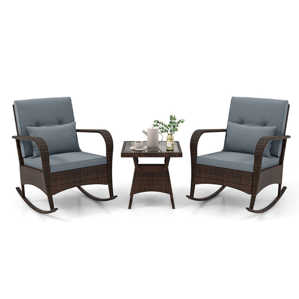 Biotree 3 Piece Outdoor Rocking Set with Tempered Glass Coffee Table for Backyard Poolside Outdoor Conversation Set for Garden Backyard PorchGray