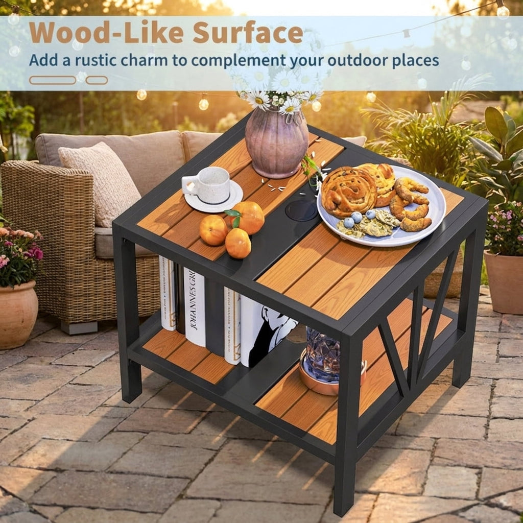 Biotree Outdoor Side Table with Umbrella Hole and Storage Shelf for Porch, Black
