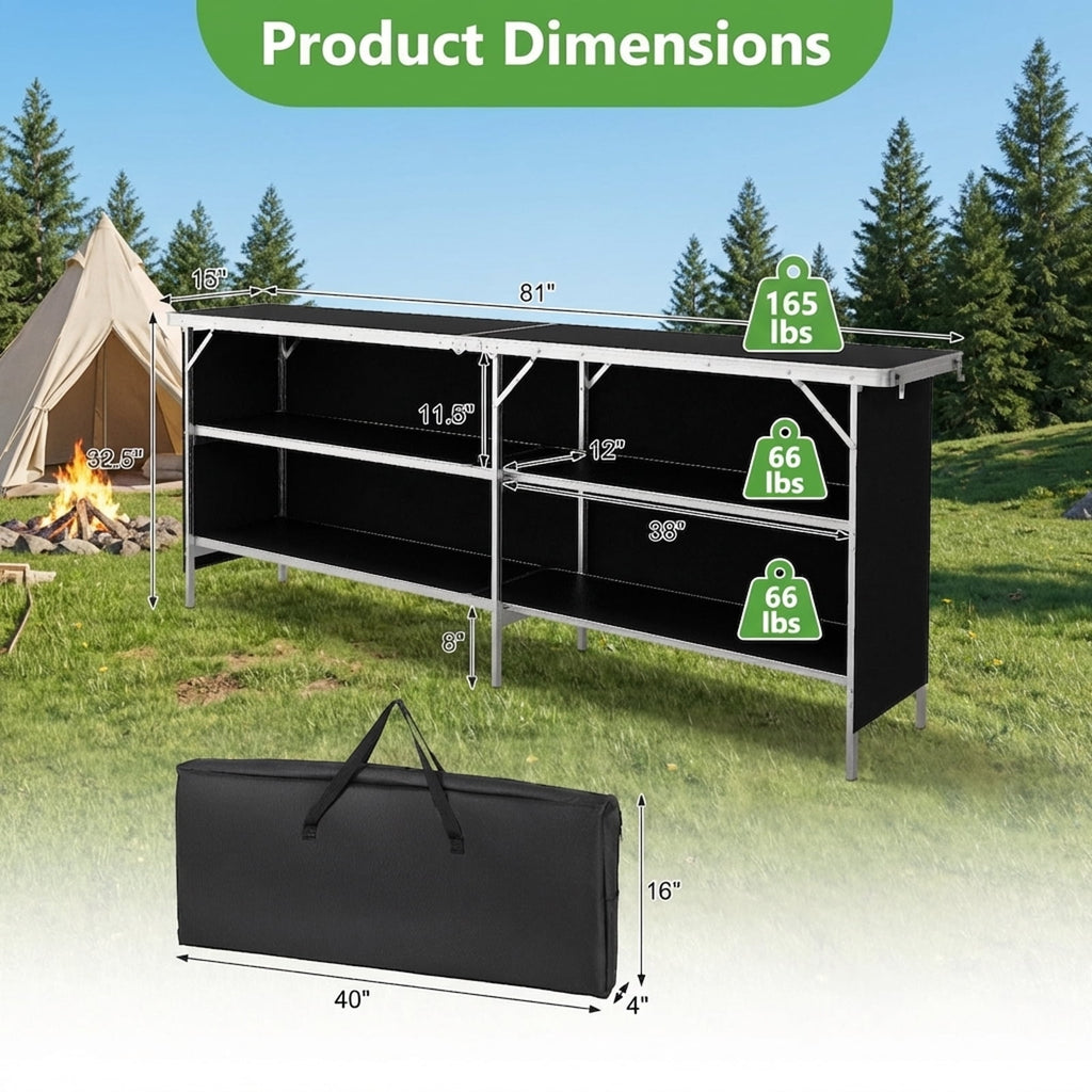 Biotree Aluminum Portable Folding Picnic Table with 2-Tier Open Shelves for Camping and Outdoor Dining, Black