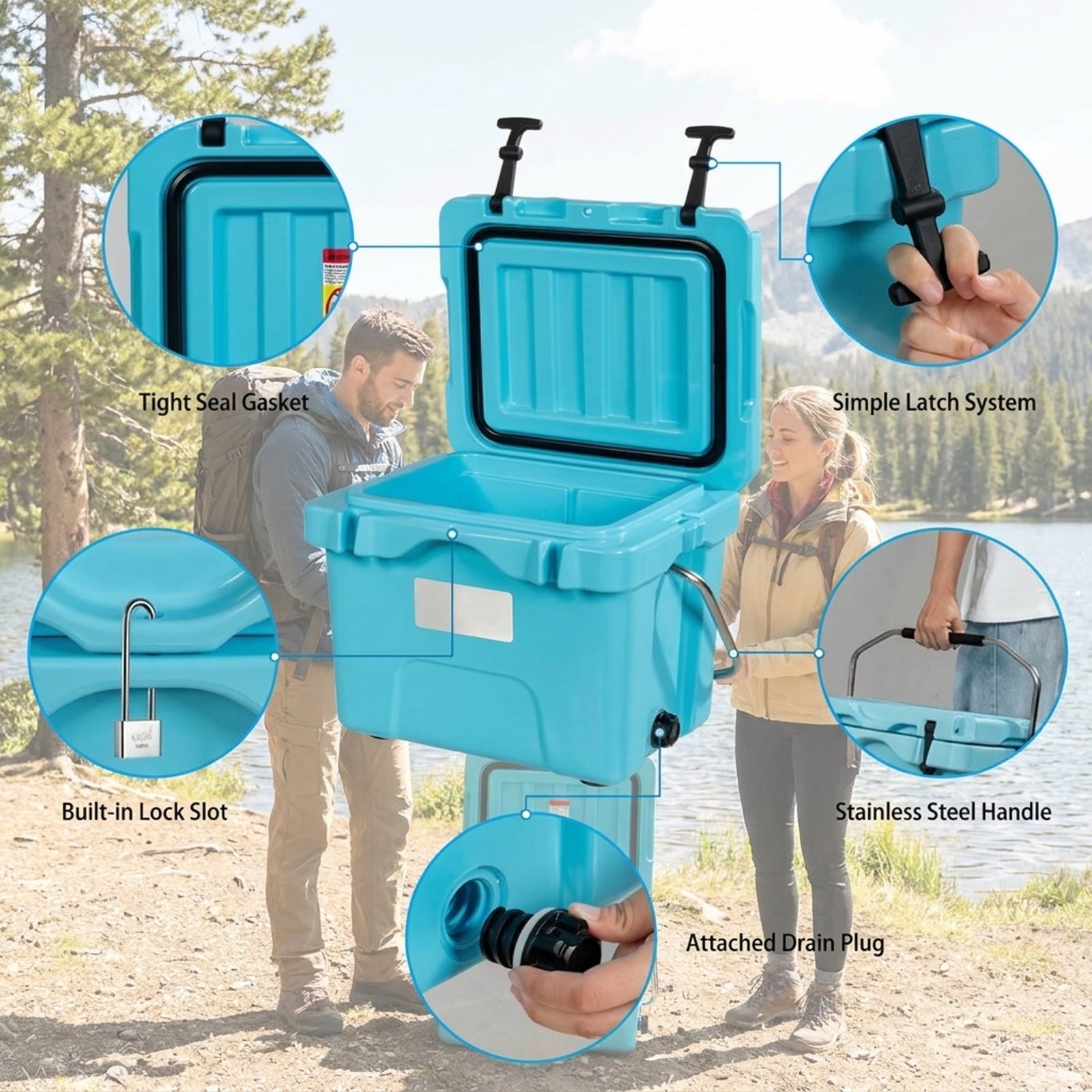 Biotree 16 Quart 24 Can Capacity Portable Insulated Ice Cooler with 2 Cup Holders, Blue