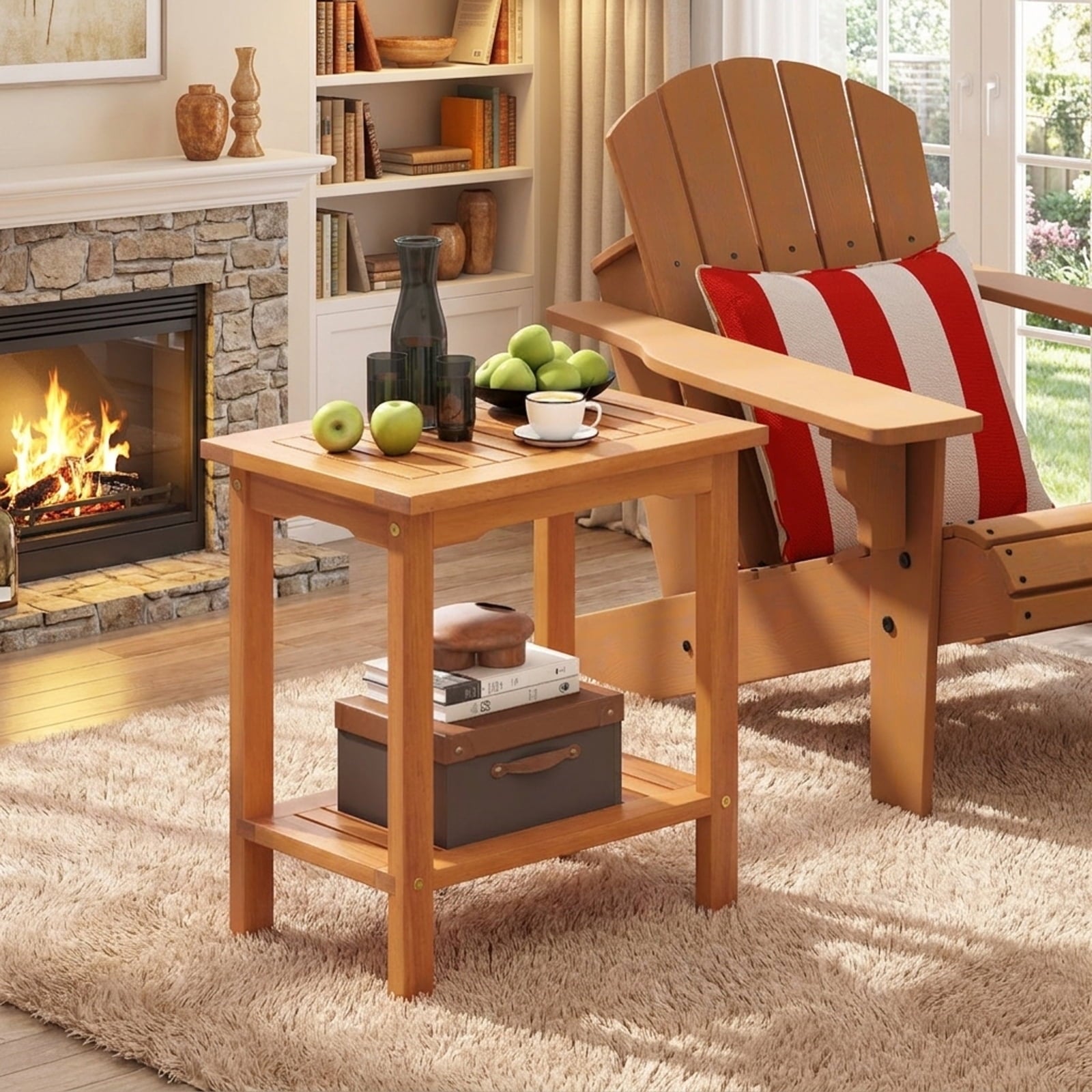 Biotree 2-Tier Outdoor Acacia Wood Side Table with Slatted Tabletop and Storage Shelf, Natural