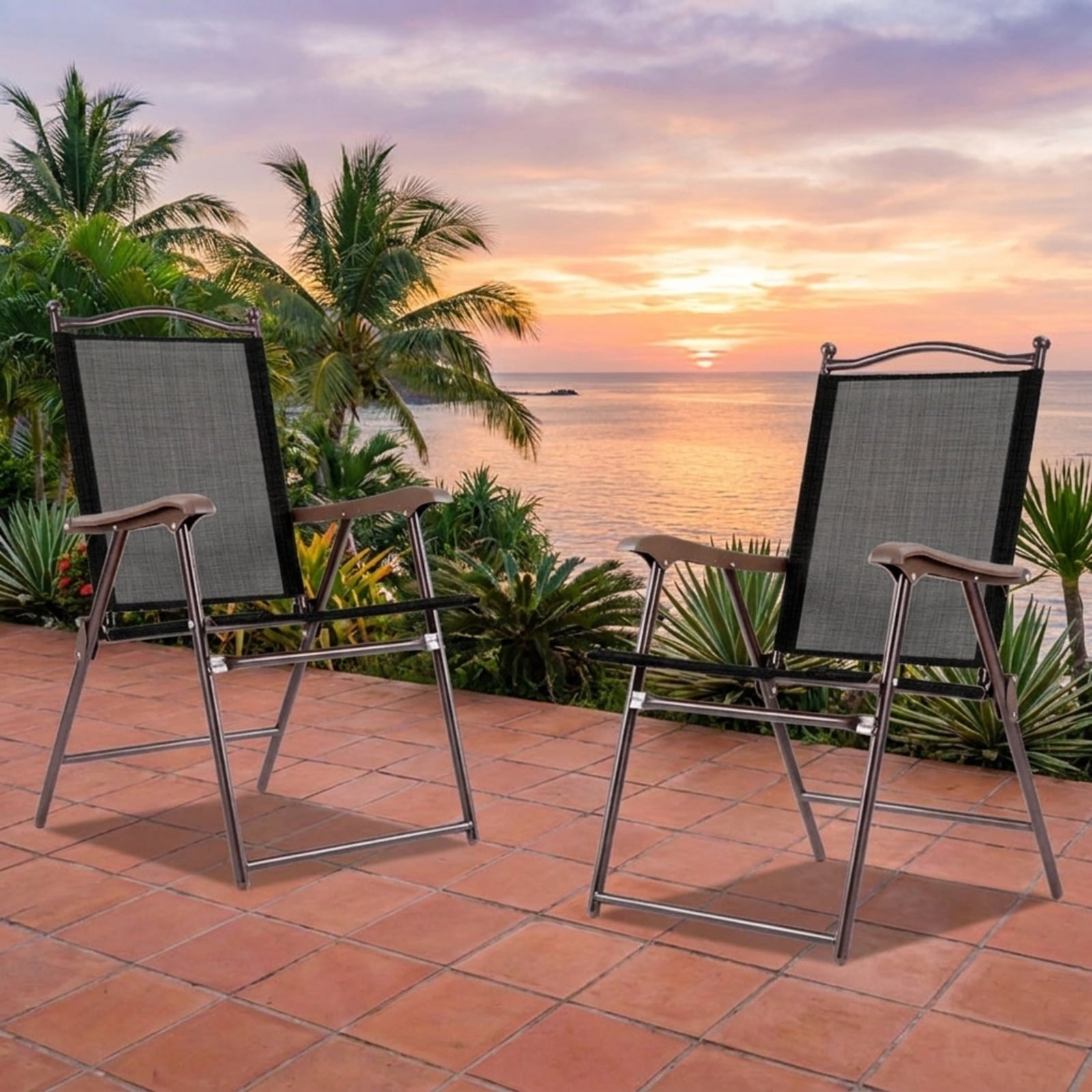 Biotree Set of 2 Patio Folding Sling Back Camping Deck Chairs Stackable Patio Chair for Garden BackyardBrown