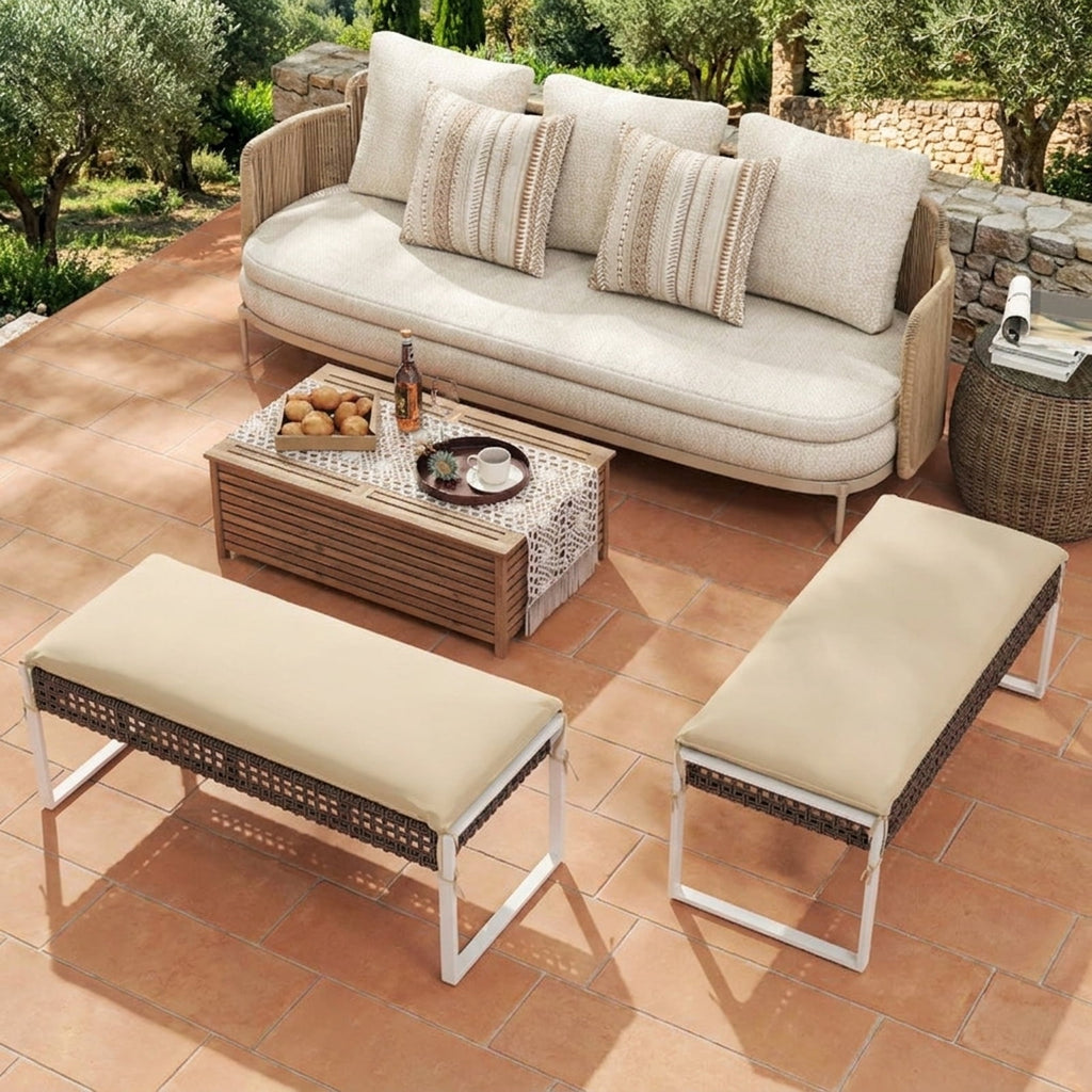 Biotree 43 Inch Patio Rectangle Ottoman with Metal Legs and Seat Cushion Stackable Patio Chair for Garden BackyardBeige