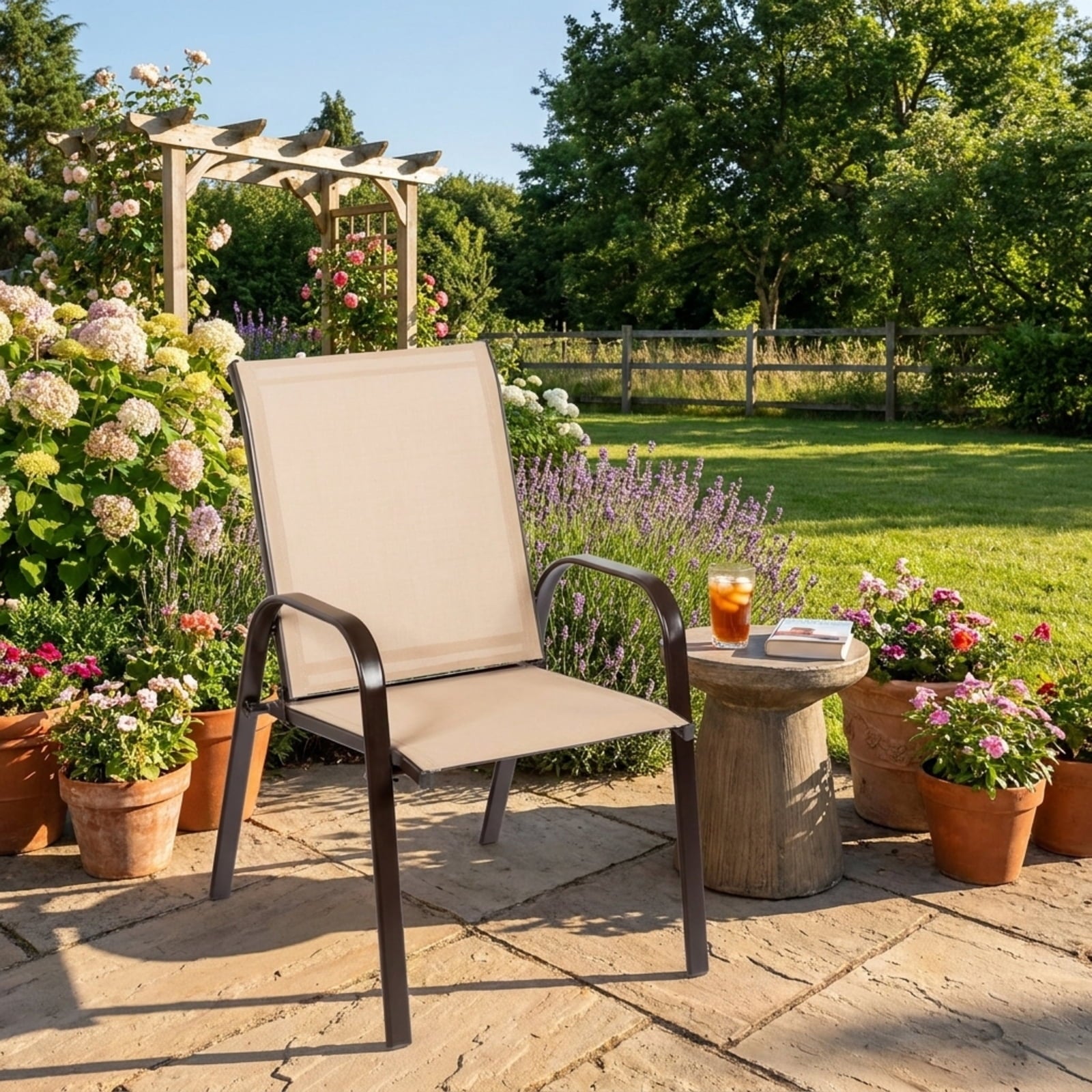 Biotree 2 Pcs Patio Chairs Outdoor Dining Chair with Armrest Stackable Patio Chair for Garden BackyardBeige