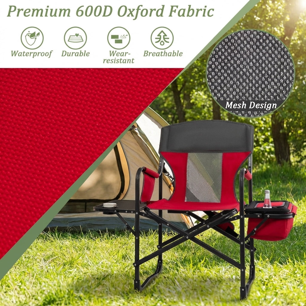 Biotree Folding Directors Camping Chair with Cooler Bag and Side Table Heavy Duty 400 lb Capacity Portable Outdoor Chair, Red