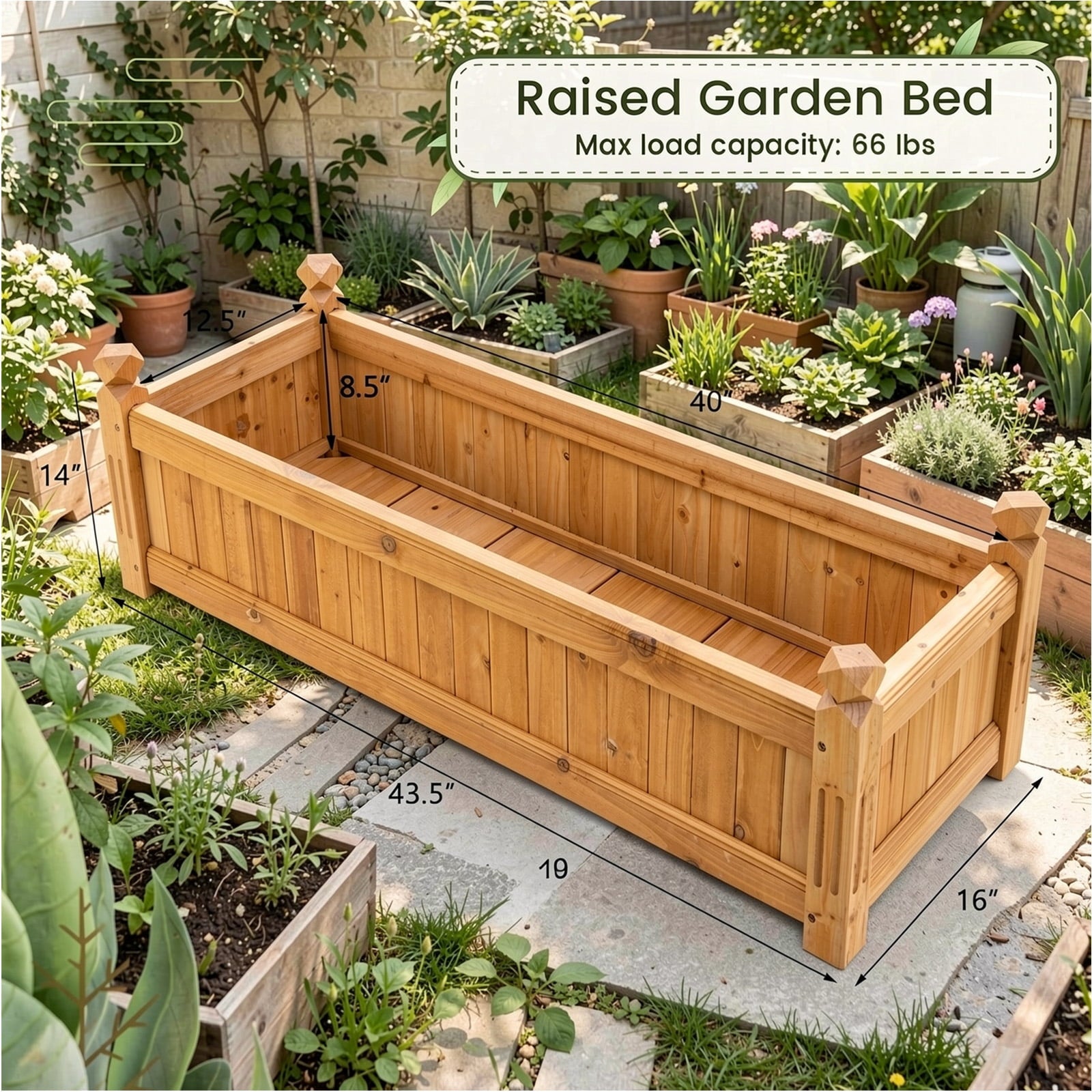 Biotree Wooden Rectangular Garden Bed with Drainage System-Natural Outdoor Vegetables Herbs Flowers Planting