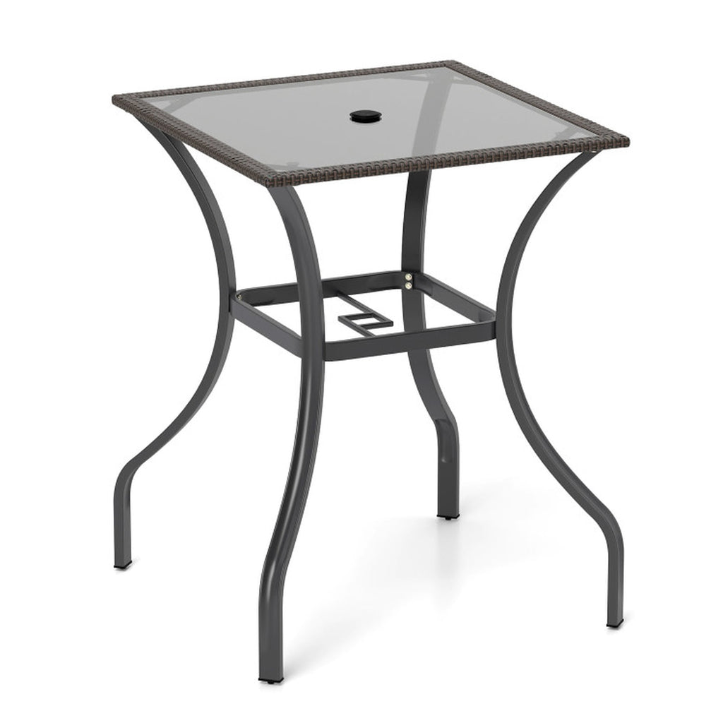 Biotree Outdoor Patio Square Bar Table with Glass Top and PE Rattan Edging, Brown - Outdoor Bar Height Dining Table for Patio Deck
