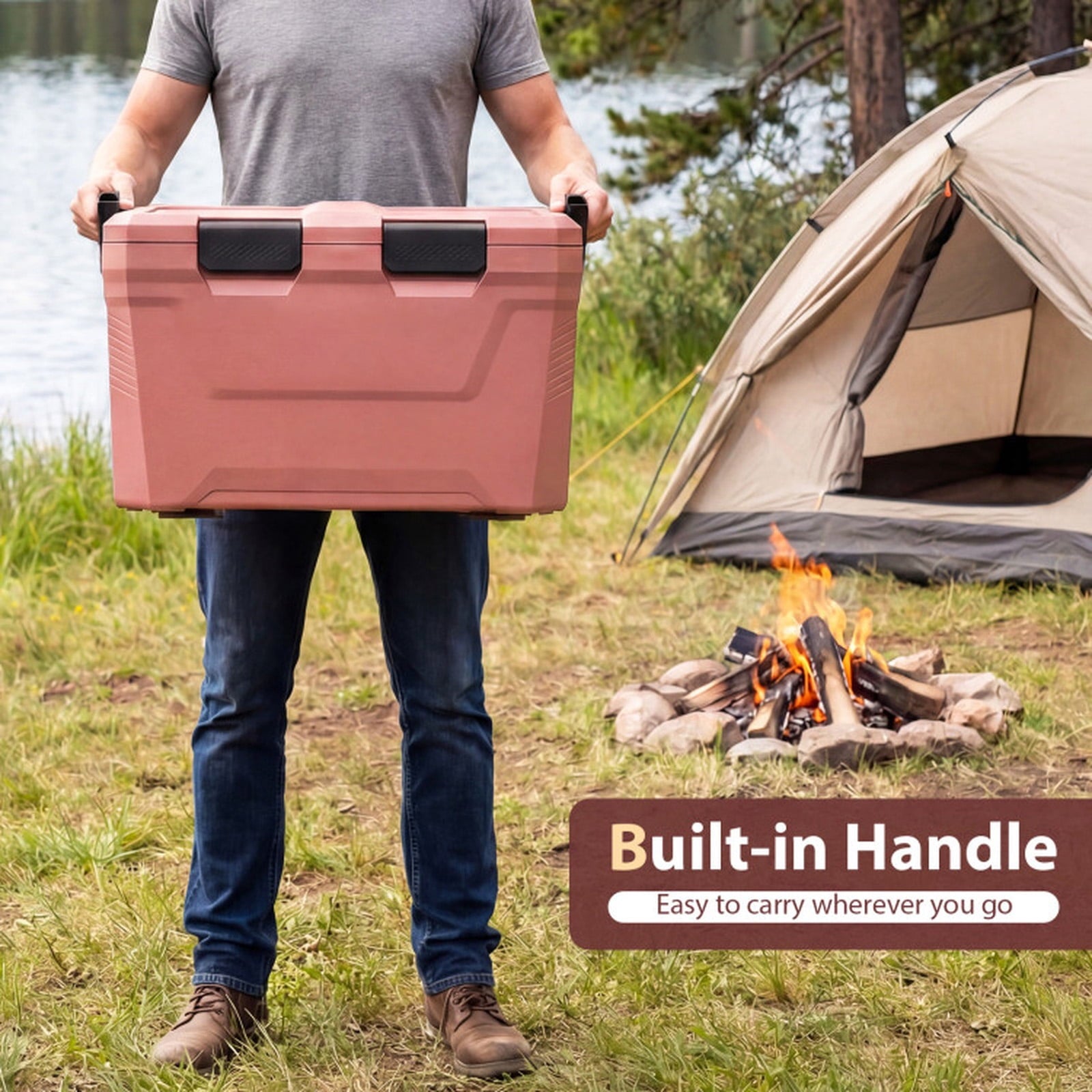 Biotree Insulated Portable Cooler Hard Shell Ice Chest with 2 Cup Holders Bottle Opener and Drain Plug, 37 Qt, Pink