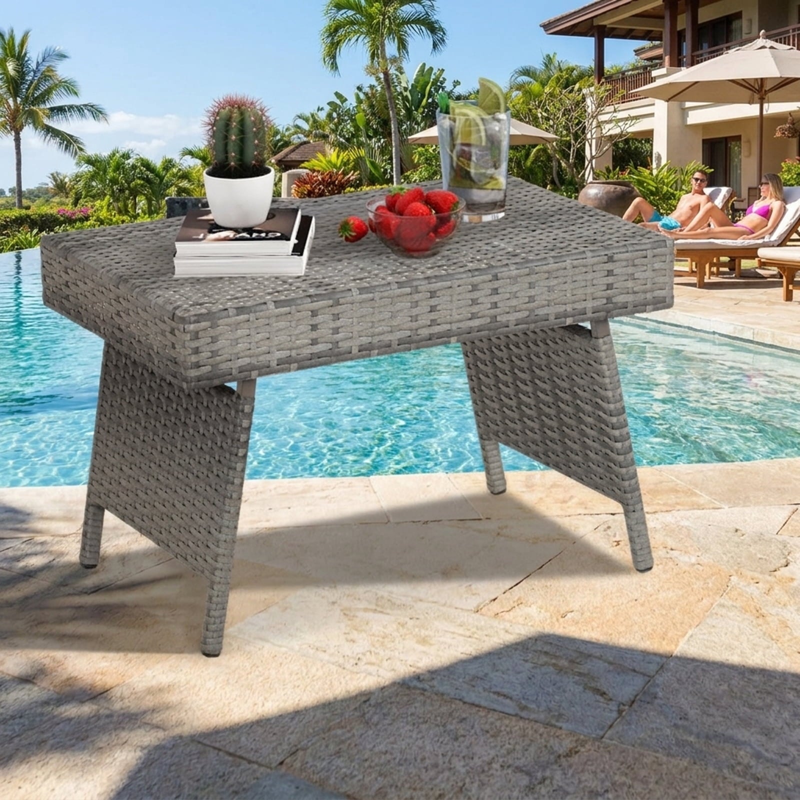 Biotree Folding PE Rattan Side Coffee Table Patio Garden Furniture, Gray
