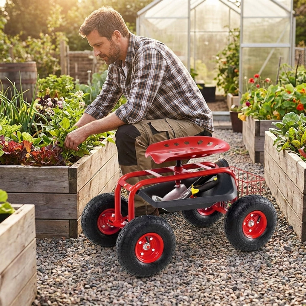 Biotree 4-Wheel Rolling Garden Cart Work Seat for Garden Yard Lawn Work Outdoor, Red